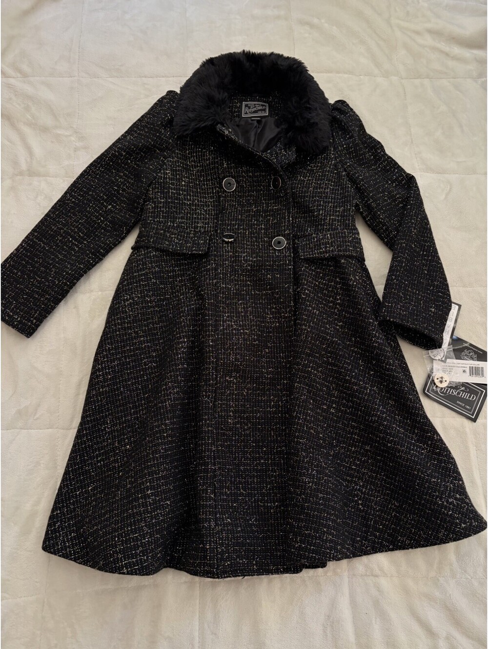 Rothschild Coat Girls L (14) Black Faux Fur Collar Double Breasted Dressy Winter